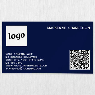 Simple Logo and QR Code Navy Blue Magnetic Business Card