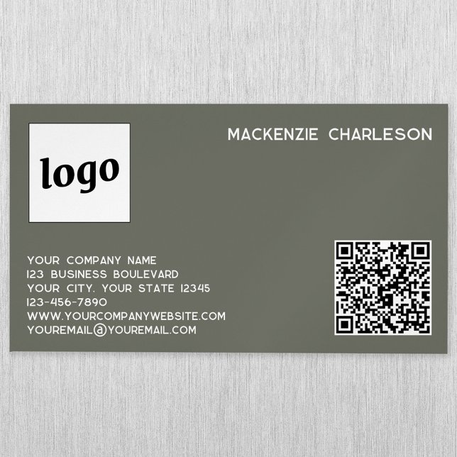 Simple Logo and QR Code Sage Green Magnetic Business Card (Logo QR code and custom text minimalist professional sage green magnetic business card)