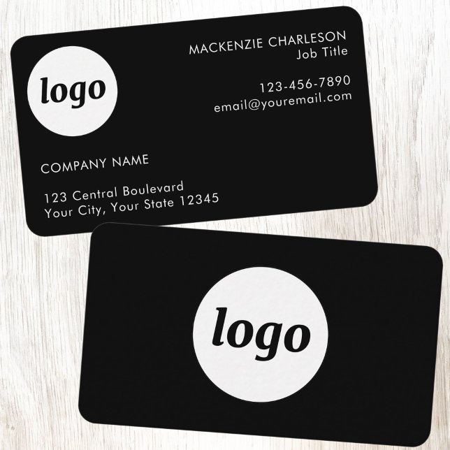 Simple Logo and Text Black Business Card (Simple logo with custom text business branding promotional business cards)