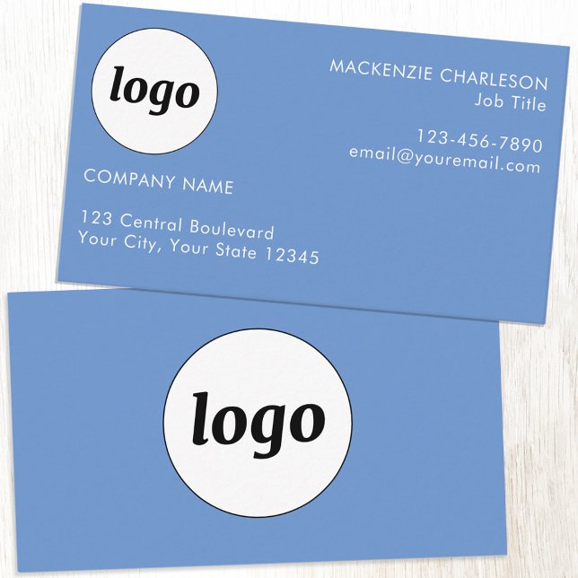 Simple Logo and Text Blue Business Card (Logo with text simple minimalist blue custom business card)