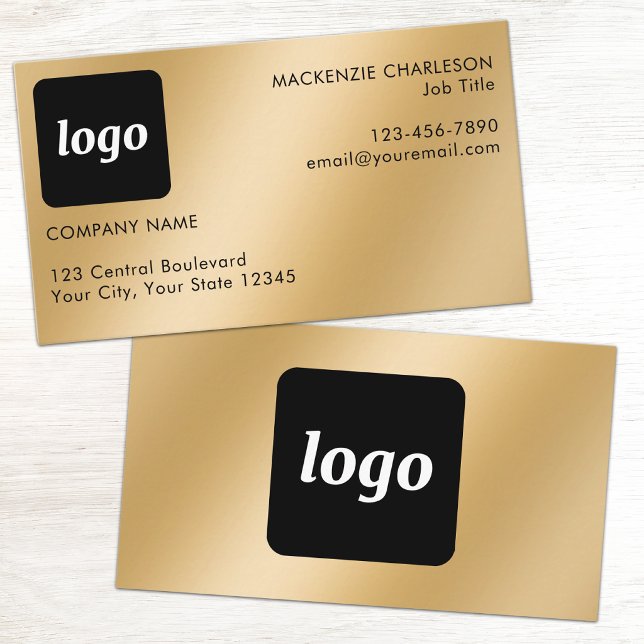 Simple Logo and Text Gold Effect Business Card (Gold metallic effect simple logo with custom text business branding promotional business card)