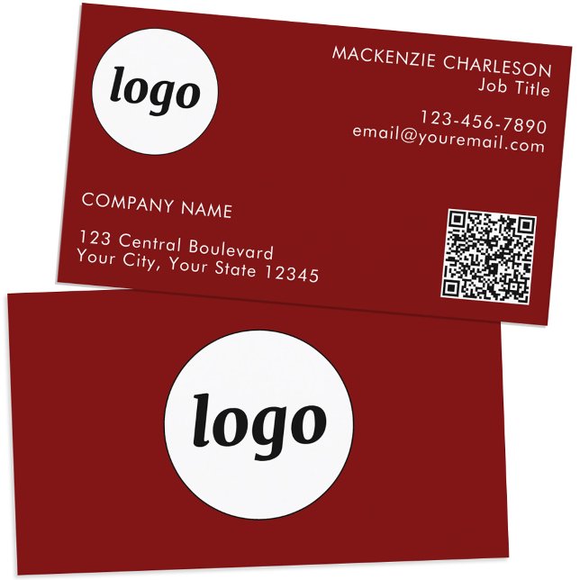 Simple Logo and Text QR Code Burgundy Red Business Card (Simple logo QR code custom text professional branding business card dark burgundy red)