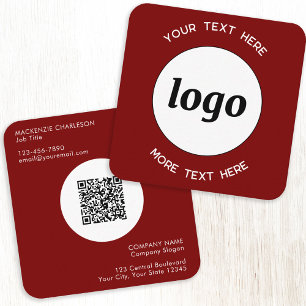 Simple Logo and Text QR Code Burgundy Red Square Business Card