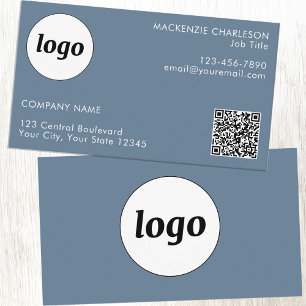 Simple Logo and Text QR Code Dusty Blue Grey Business Card
