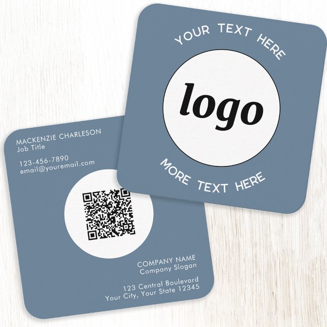 Simple Logo and Text QR Code Dusty Blue Grey Square Business Card (Logo with QR code custom text blue gray square business card)