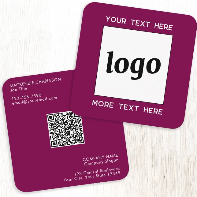 Simple Logo and Text QR Code Magenta Cherry Pink Square Business Card (Simple logo QR code custom text professional branding business card dark cherry magenta pink)
