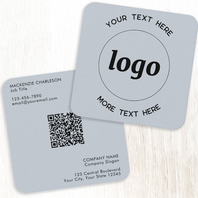 Simple Logo and Text QR Code Powder Blue Square Business Card (Logo with QR code and custom text dusty powder blue business card)