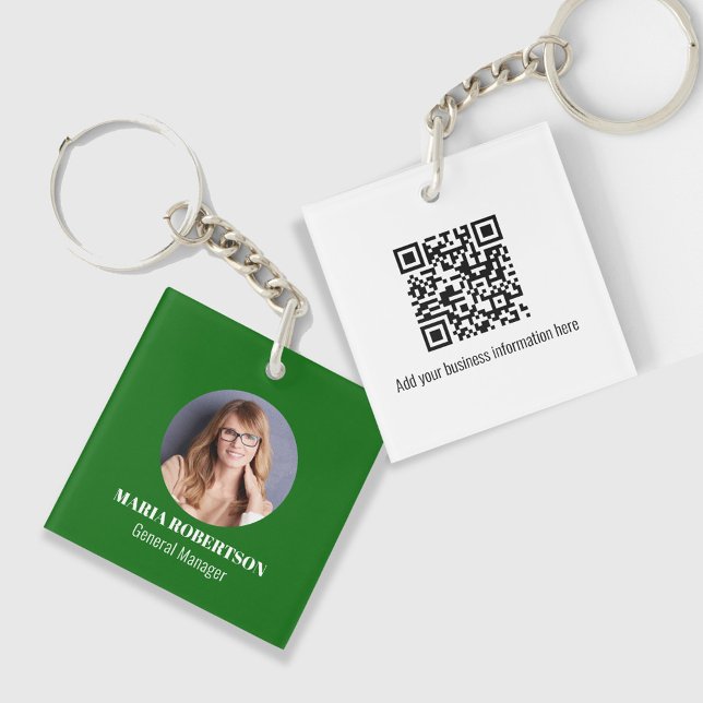 Simple Logo Minimalist QR Code Green Keychain (Green photo or logo keychain with QR code. Great for business professionals. )