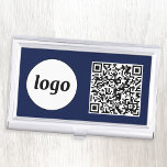 Simple Logo Promotional Business QR Code Navy Blue Business Card Holder<br><div class="desc">Simple logo and QR code to promote your business.  Replace the logo and QR code with your own to customize.  Minimalist and professional to reflect your brand.</div>