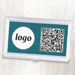 Simple Logo Promotional Business QR Code Teal Gree Business Card Holder<br><div class="desc">Simple logo and QR code to promote your business.  Replace the logo and QR code with your own to customize.  Minimalist and professional to reflect your brand.</div>