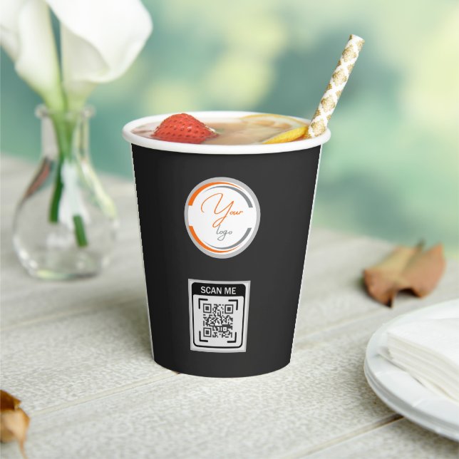 Simple Logo QR Code Business Black Paper Cups (Insitu)