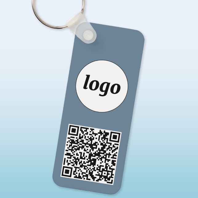 Simple Logo QR Code Business Dusty Blue Grey Keychain (Logo with QR code business promotional keychain keyring)