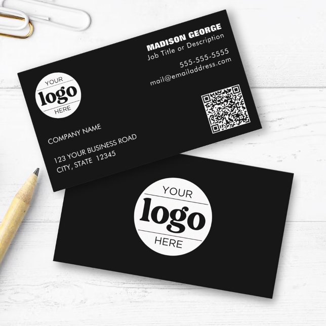 Simple Logo Text and QR code Black Business Card (Creator Uploaded)