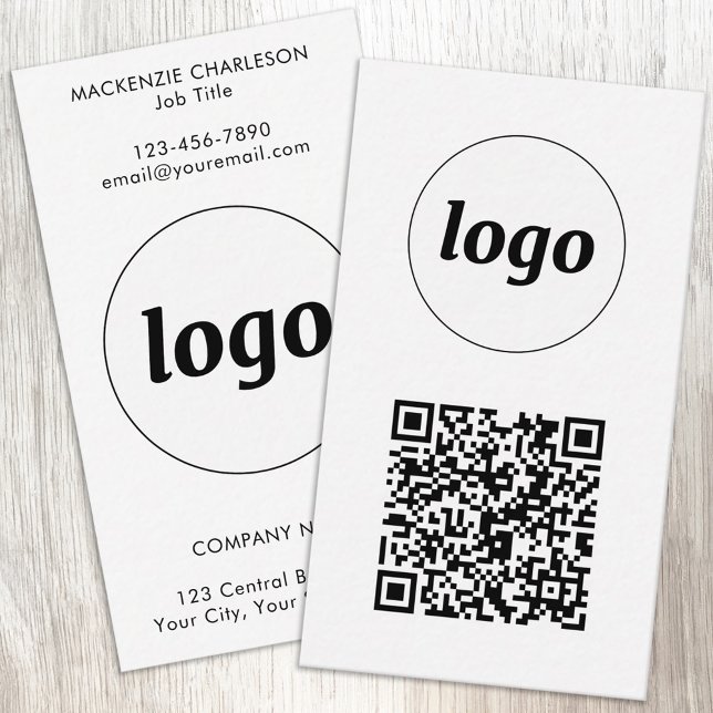 Simple Logo Text QR Code Vertical Format Business Card (Simple logo with custom text and QR code business branding promotional vertical business cards)