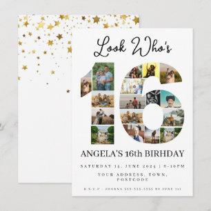 simple look who's 16 Photo Collage teen birthday Invitation