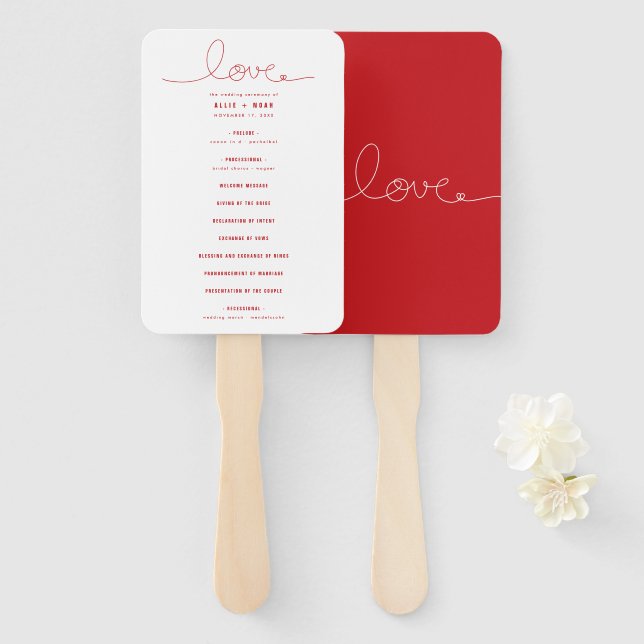Simple Loopy Love Lines Red Heart Wedding Program Hand Fan (Front and Back)