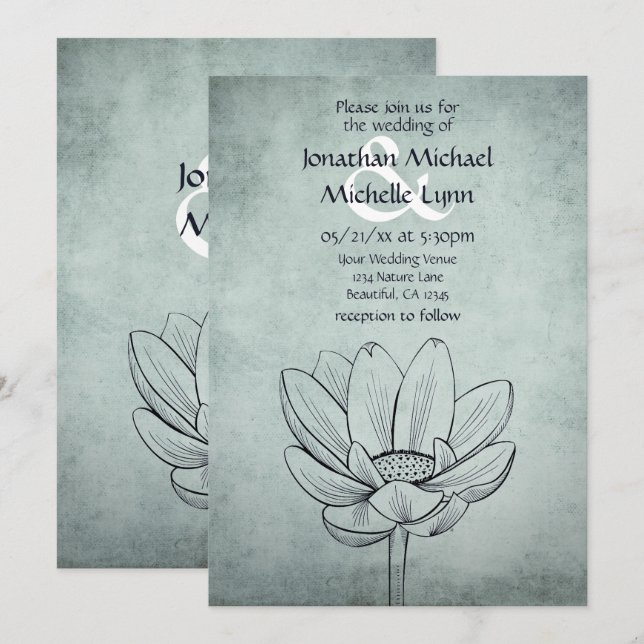 Simple Lotus Flower Dusty Blue Teal Wedding Invitation (Front/Back)