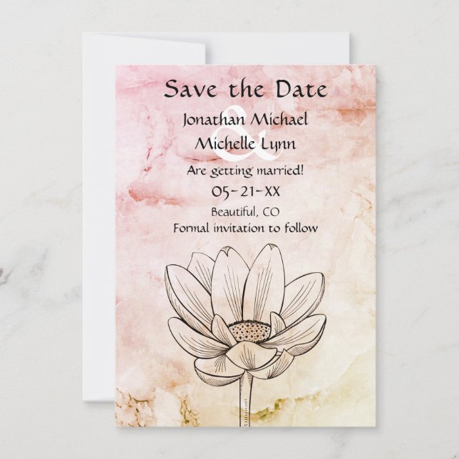 Simple Lotus Flower | Pink Gold Marble Bkg Wedding Save The Date (Front)