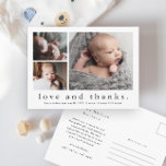 Simple Love and Thanks 3 Photo Baby Thank You Postcard<br><div class="desc">Simple Love and Thanks 3 Photo Baby Thank You Card featuring simple modern type and 3 pictures on the front. The back is a mailable postcard with a large full name header and personal message from the family. Click the edit button to customize this design with your photos and details....</div>