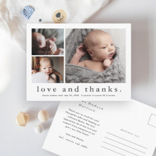 Simple Love and Thanks 3 Photo Baby Thank You Postcard