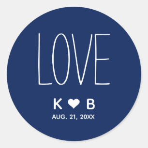 Simple LOVE Navy Blue Wedding Initials Monogram Classic Round Sticker