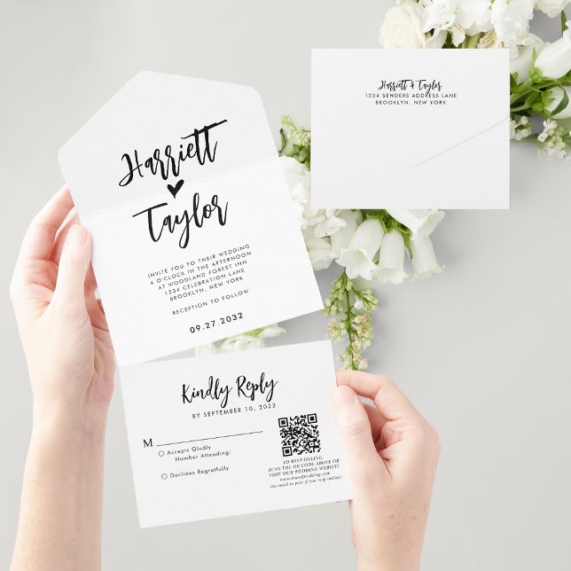 Simple Lovely Heart Script Wedding QR Code Rsvp All In One Invitation (Creator Uploaded)