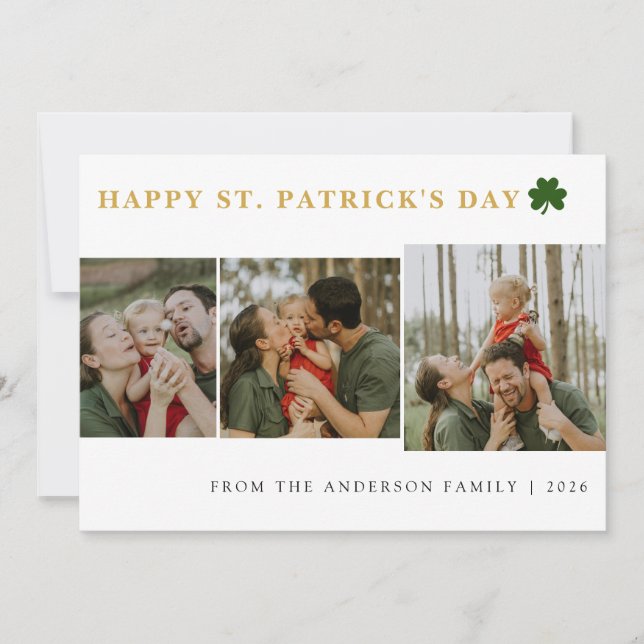 Simple lucky shamrock st. Patrick's Day 3 Photo Holiday Card (Front)