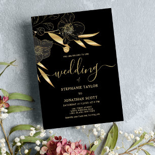Simple luxury black gold floral elegant wedding invitation