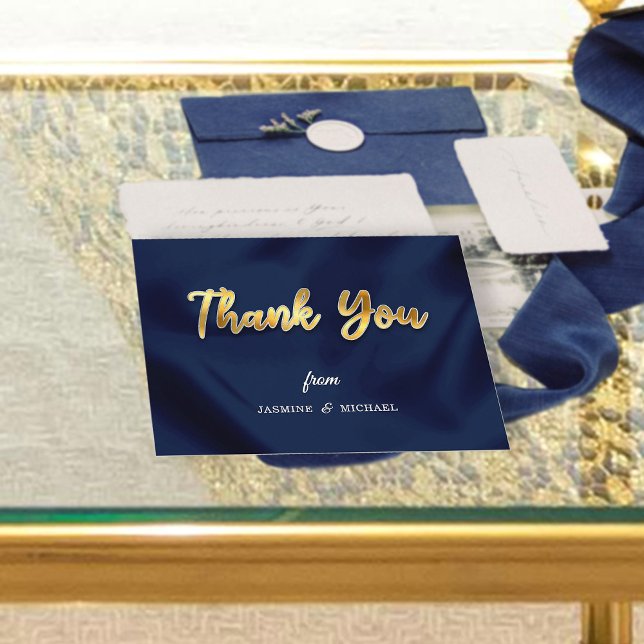 Simple Luxury Wedding Navy & Gold Script Classic Thank You Card (Creator Uploaded)