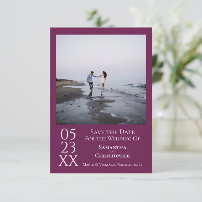 Simple Magenta Modern Minimal Photo Wedding Save The Date (Standing Front)