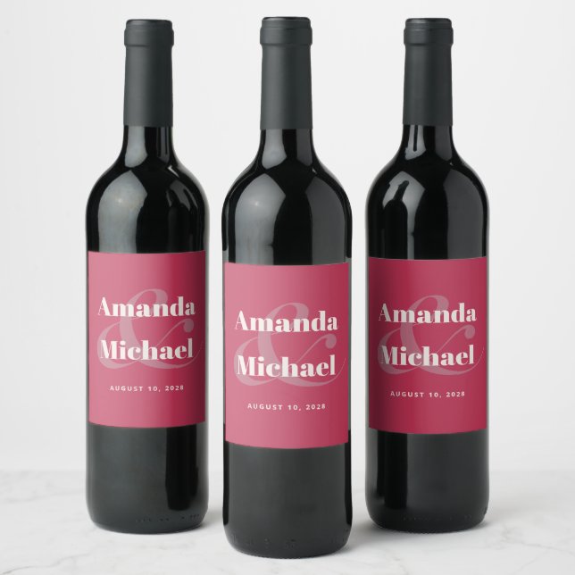 Simple Magenta Modern Minimalist Wedding Wine Label (Bottles)