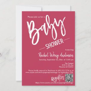 Simple Magenta Script Baby Shower QR Code Photo Invitation