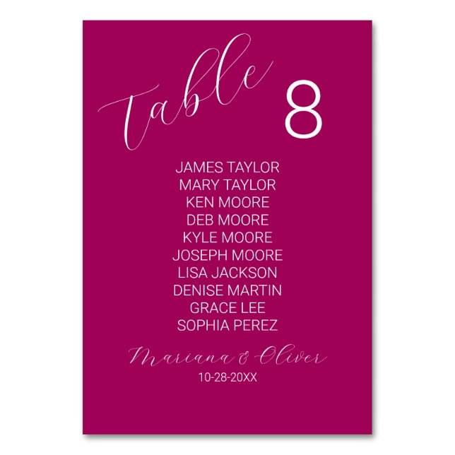 Simple Magenta Table Number Card with Names (Front)
