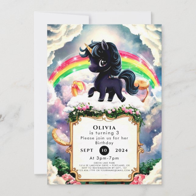Simple Magical Black Unicorn Birthday Invitation (Front)