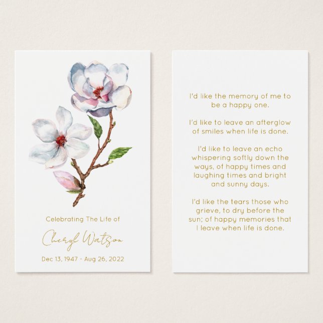 Simple Magnolia Funeral Memorial Prayer Card (Front & Back)