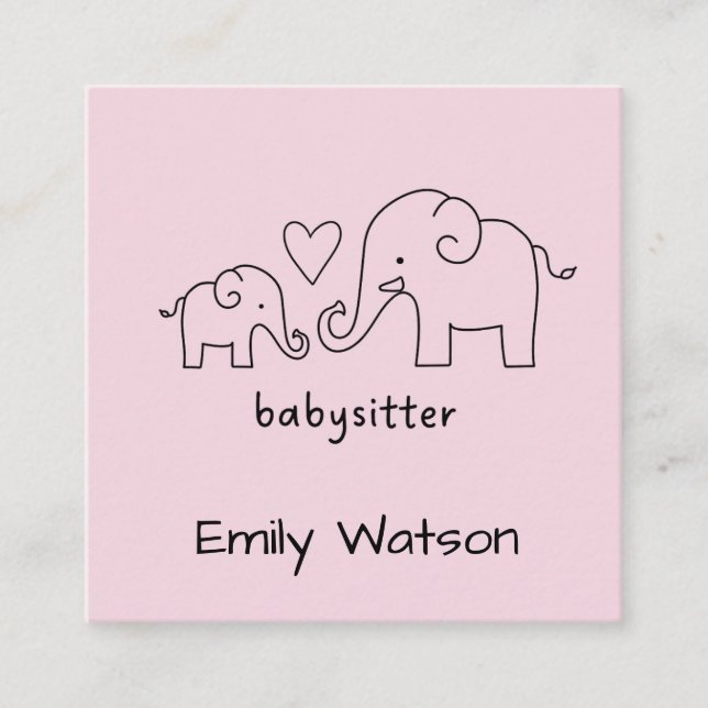 Simple Mama Baby Elephant Heart Babysitter  Square Business Card (Front)