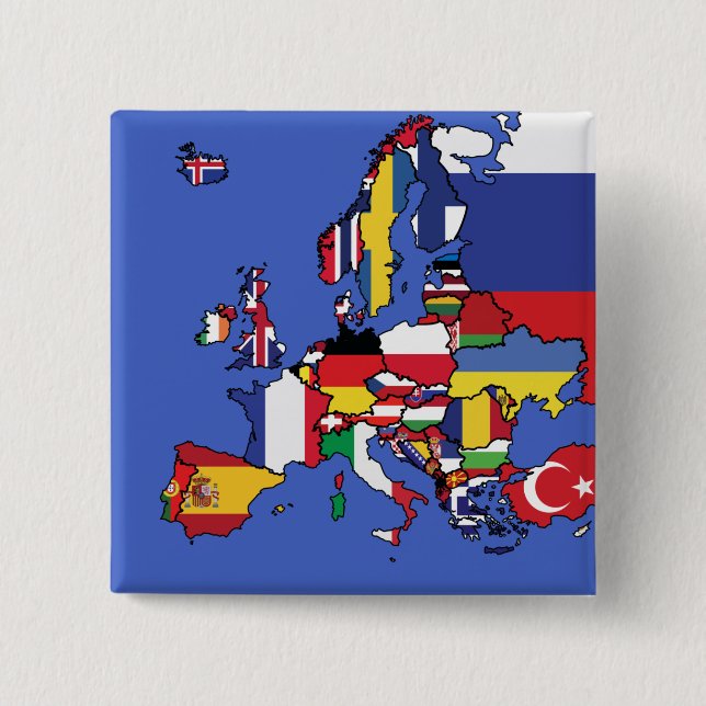 Simple Map of Europe with Country Flags 2 Inch Square Button (Front)