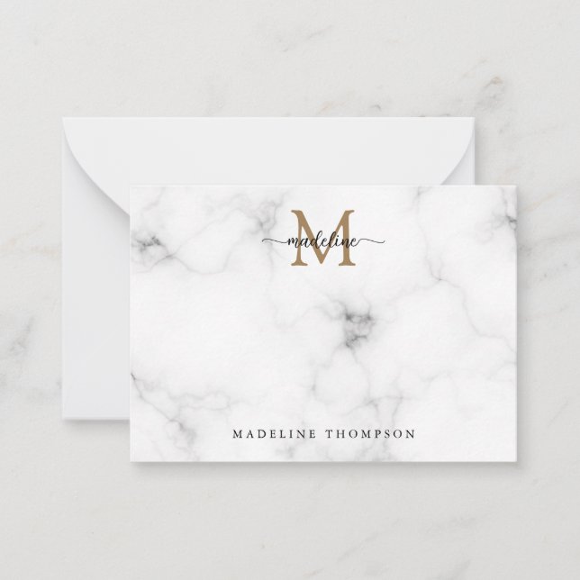 Simple Marble Gold Girly Script Monogram Card (Front)