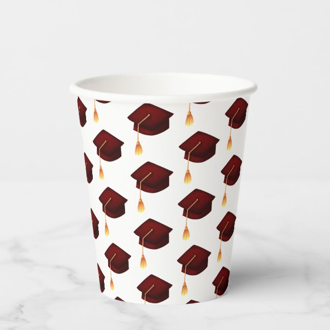 Simple Maroon Gold Graduation Cap Pattern Paper Cups (Front)