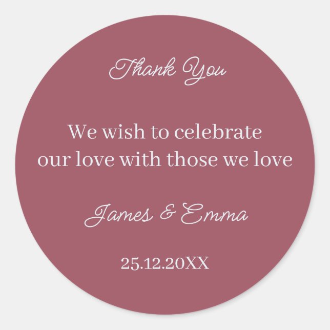 Simple Maroon Personalized Wedding Classic Round Sticker (Front)