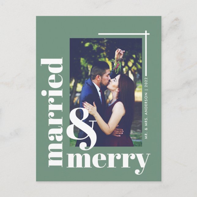 Simple Married and Merry Photo Christmas Holiday Postcard (Front)