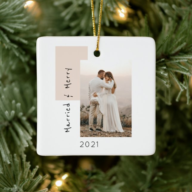 Simple Married and Merry Photo Newlywed  Ceramic Ornament (Tree)
