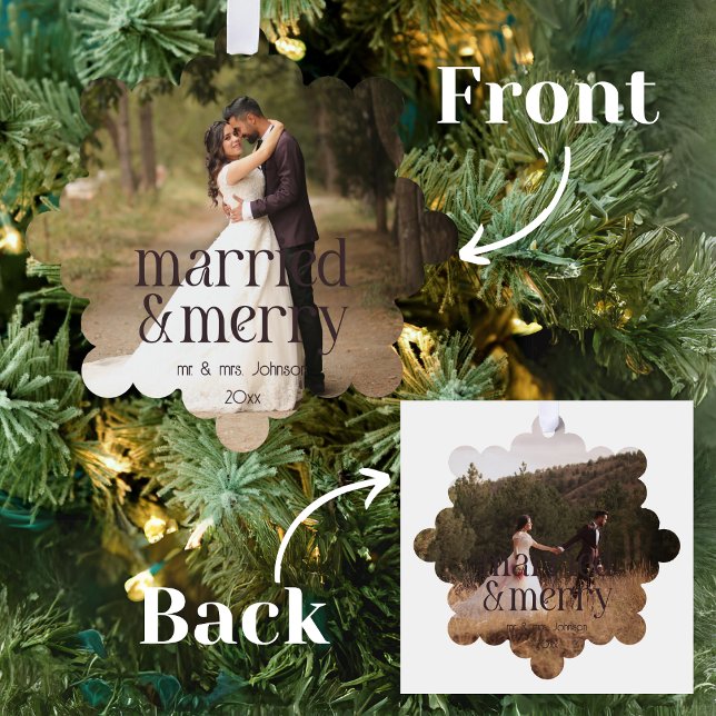 Simple Married & Merry Newlyweds Name Date Ornament Card (Creator Uploaded)