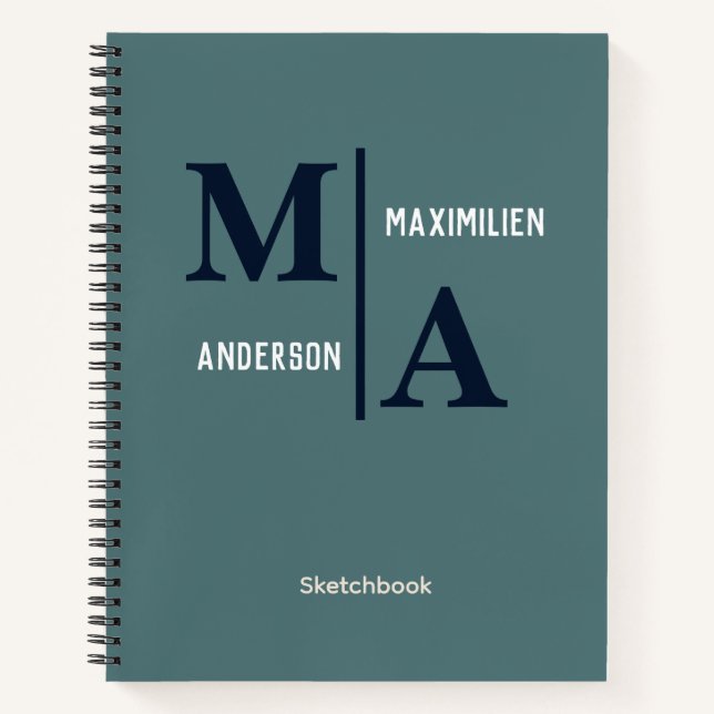 Simple Masculine Blue Monogram Personalized Sketch Notebook (Front)