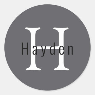 Simple Masculine Grey Monogram Name + Initial Classic Round Sticker