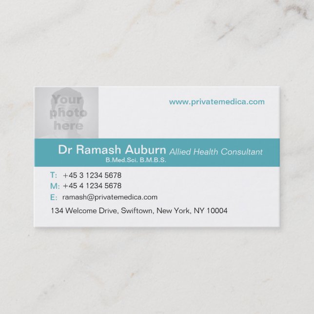 Simple medical teal/white photo business card (Front)