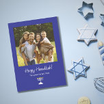 Simple Menorah Modern Family Photo Hanukkah Holiday Card<br><div class="desc">Modern Family Photo Hanukkah greeting card,  with a simple menorah on a blue background. With white customizable typography lettering,  you add your own information. You also add your own photo to make your card extra special. Great for sending loving wishes to friends and family this holiday season.</div>