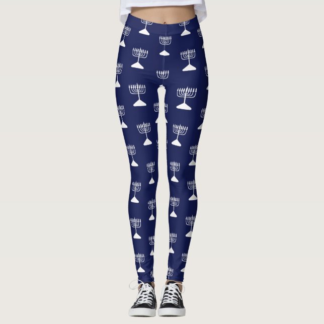 Simple Menorah Pattern Hanukkah Navy Blue Leggings (Front)