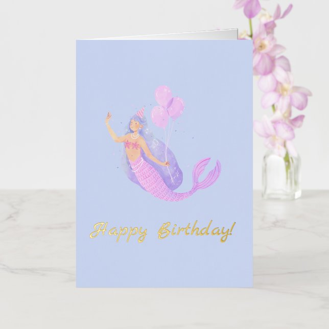 Simple Mermaid Birthday Blue Foil Greeting Card (Orchid)