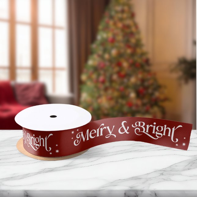 Simple Merry & Bright Red Christmas Satin Ribbon (Mockup View)